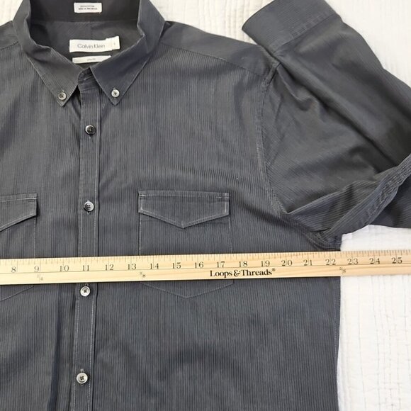 Calvin Klein Button Down Shirt Men's L Black Grey Stripe Slim Fit EUC Old Money - Picture 7 of 15